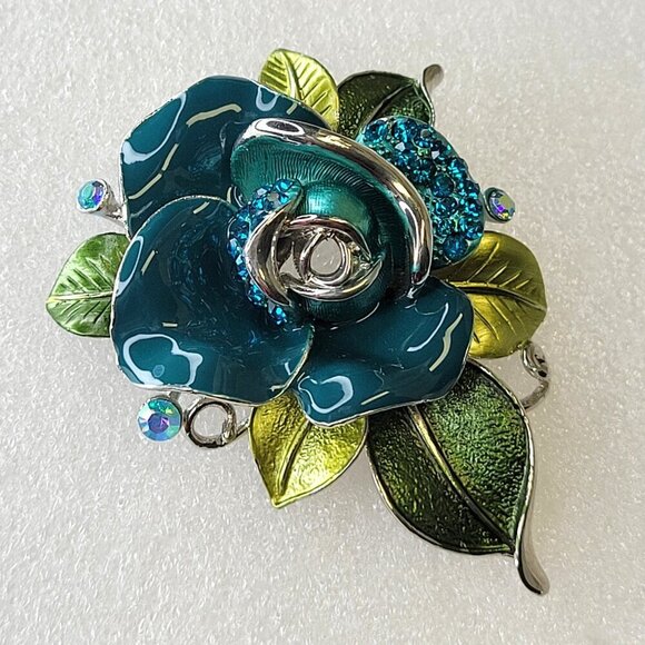 Blue Rose Enamelled Rhinestone Pendant and Brooch - Picture 2 of 10